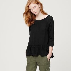 LOFT Lightweight Mixed Media Black Peplum Quarter length Sleeve Top Size Medium